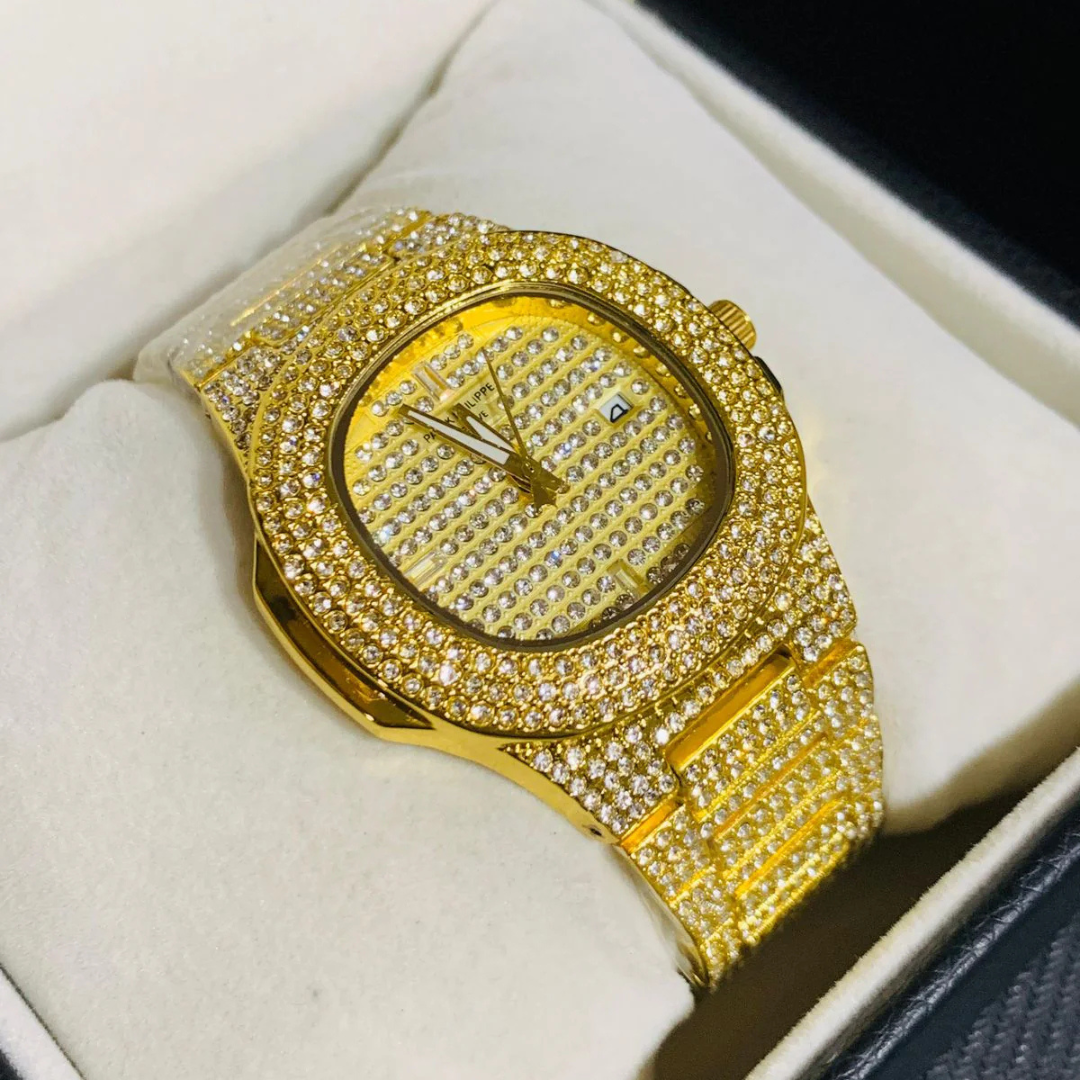 PATEK PHILIPPE GENTS DIAMOND STONE WATCH-GOLDEN